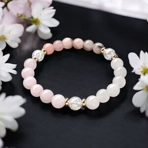 Pink Opal Rose Clear & Crackle Quartz Beaded Bracelet - Natural Stones